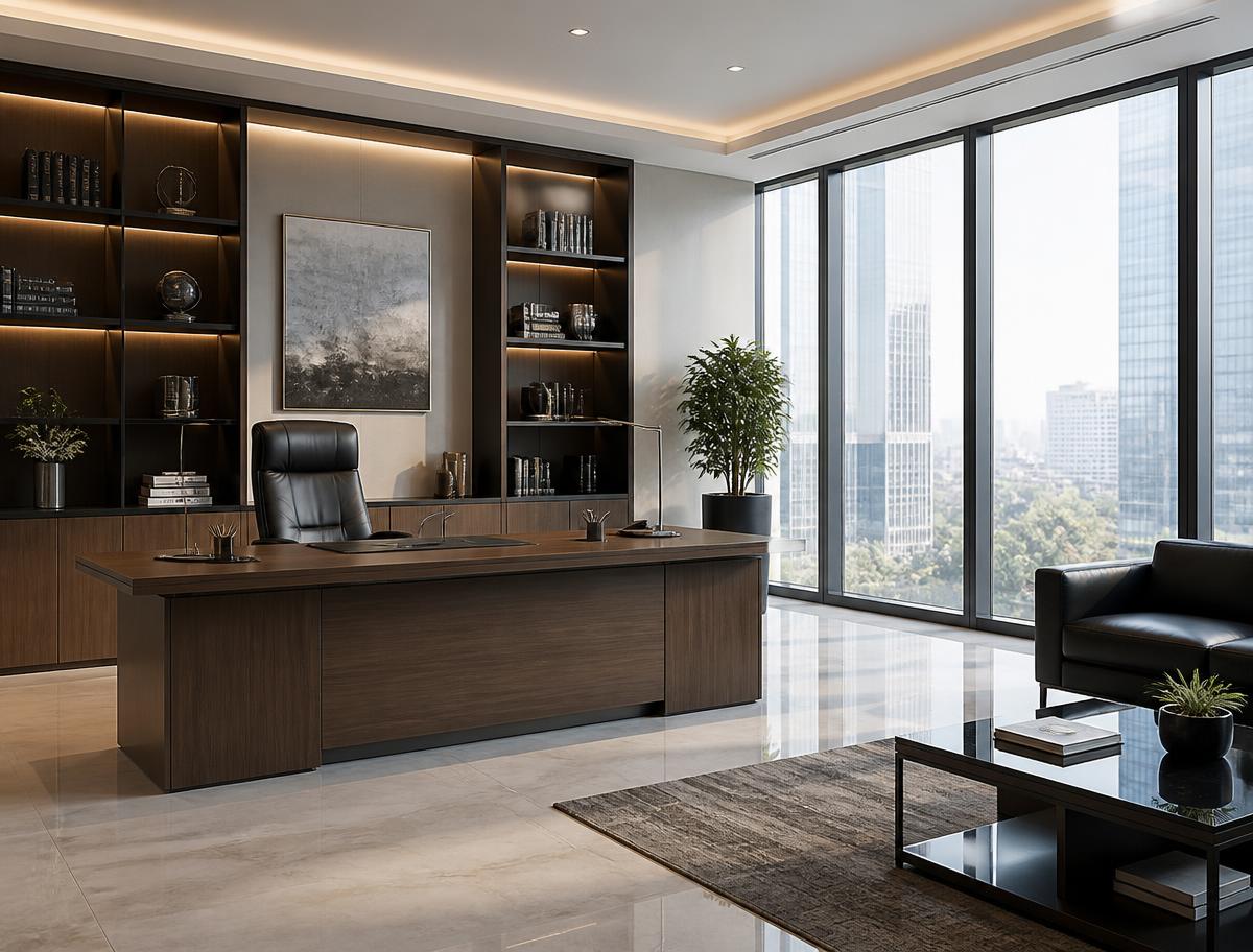 Immaculate executive office with polished desk, leather chair and floor-to-ceiling windows